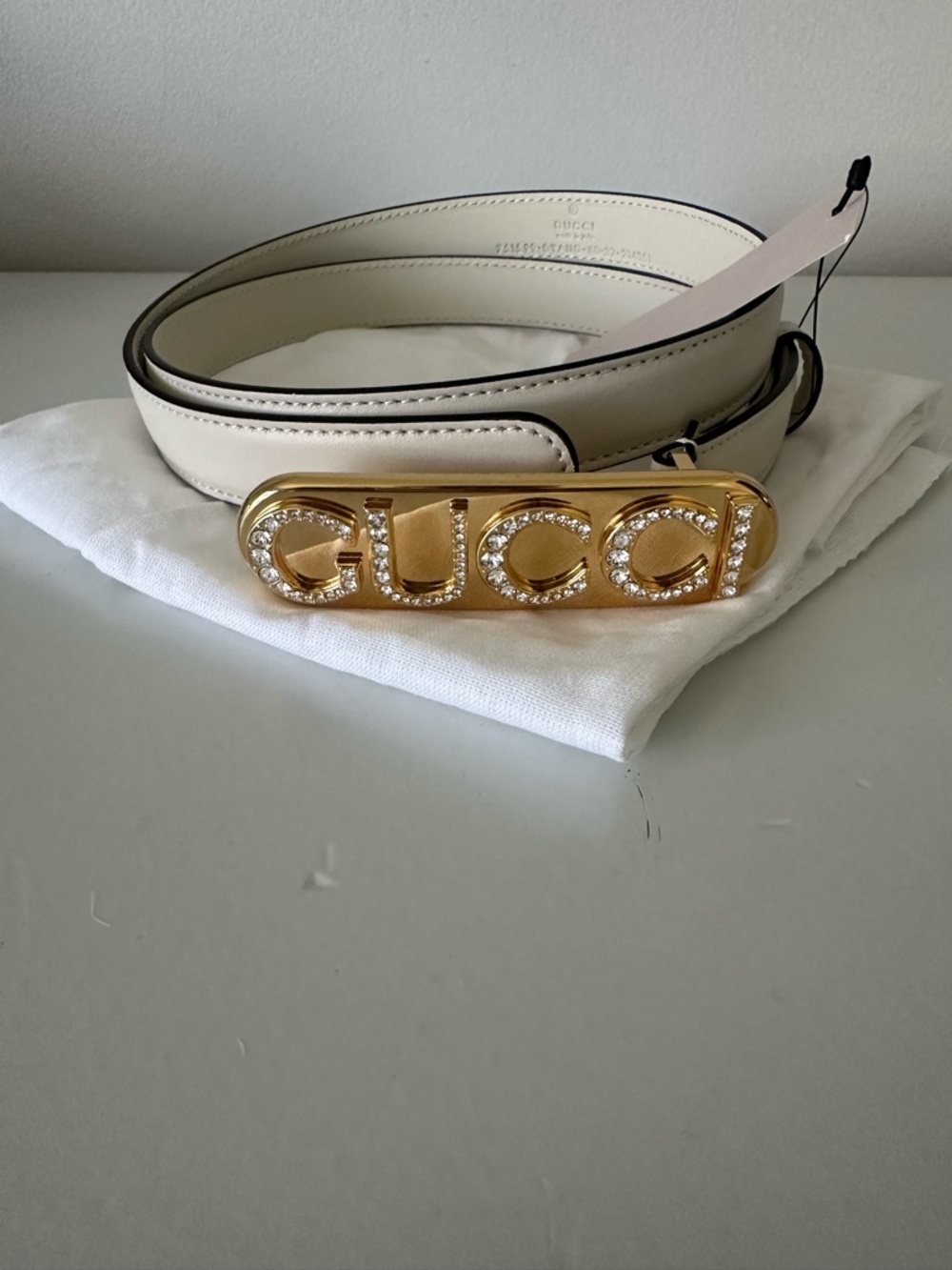 Gucci White Leather Logo Belt with Gold Crystal-Embellished Buckle 80 - Picture 4 of 5